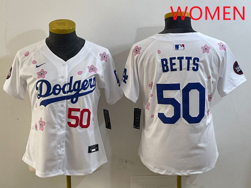 Women Los Angeles Dodgers #50 Betts White Sakura Edition 2025 Nike MLB Jersey style 4